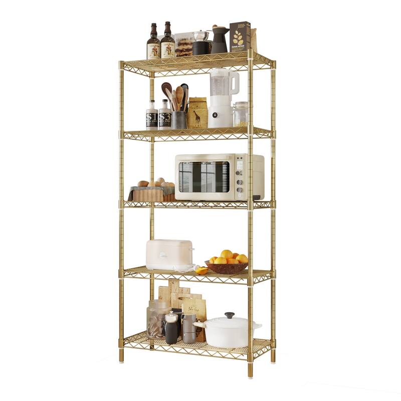 5-Tier Steel Storage Rack with Adjustable Shelves for Organizing Garage Pantry and Kitchen - Gold