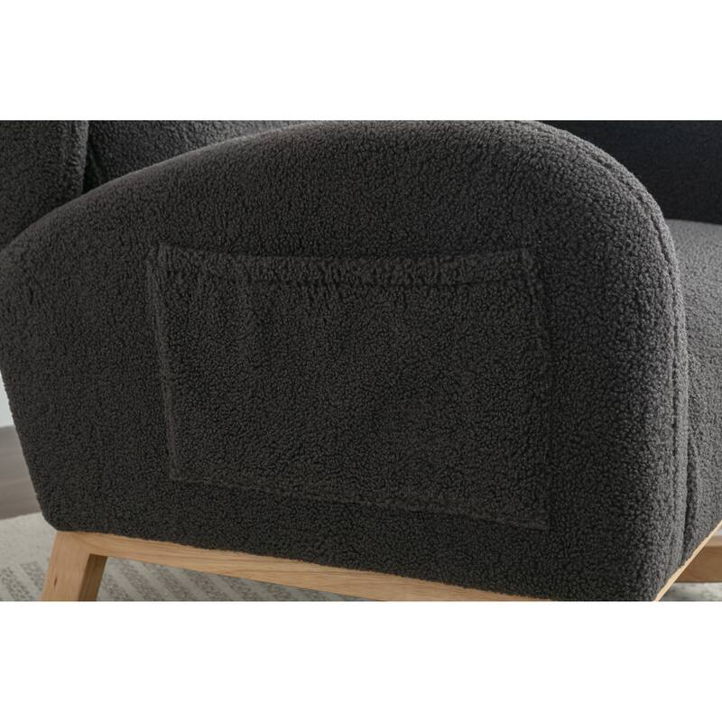 Glider Rocking Chair with Wing Back, Teddy Leisure Chair with Wood Legs, Upholstered Rocker Chair with Side Pocket