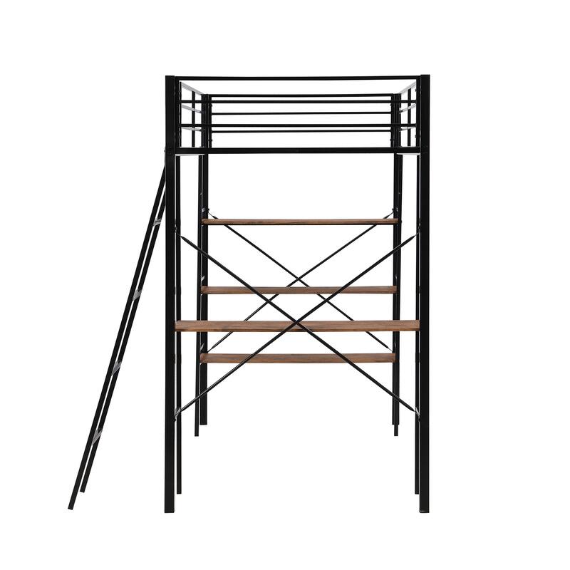 Roomfitters Twin Metal Loft Bed with Integrated Desk, Wall Shelf and Elevated Frame Design, Black