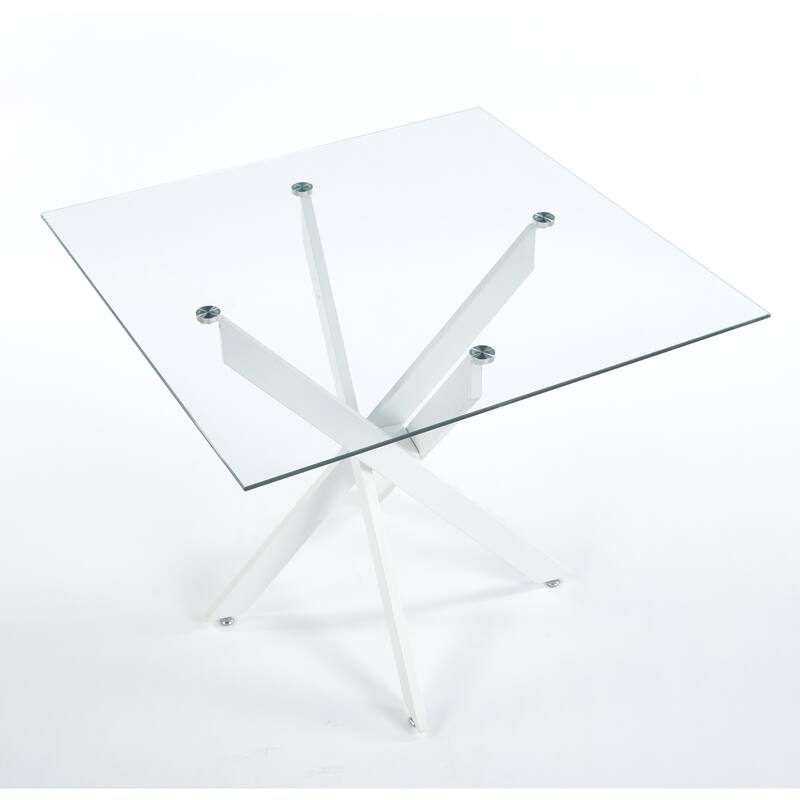 Square Glass Dining Table for 4 Person, Kitchen Table with Tempered Glass & Cross Metal Legs, Modern Leisure Coffee Table