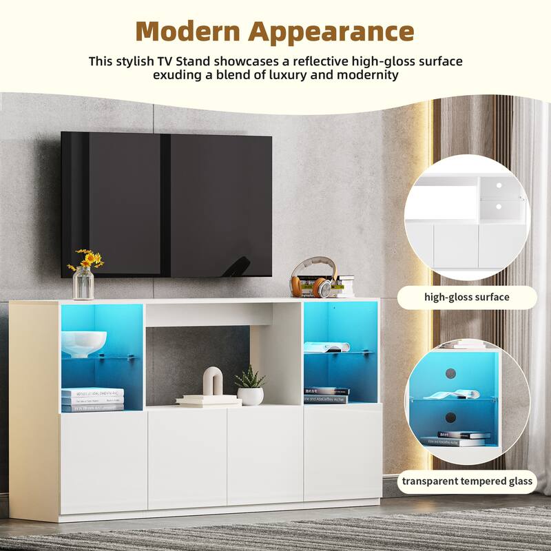 Modern High-Gloss TV Stand for TVs up to 75" with LED Lights, Large Storage Cabinet and Tempered Glass Shelves, White