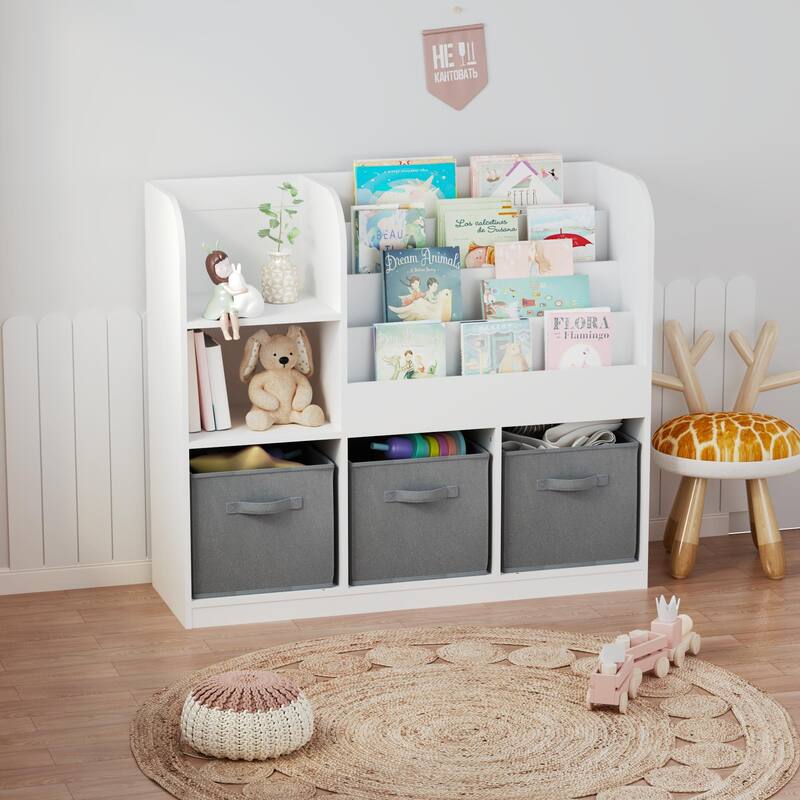 Kids Bookcase and Bookshelf, Multifunctional Bookcase with 3 Collapsible Fabric Drawers, Toy Storage Organizer