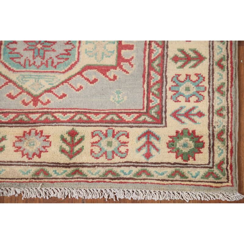 Hand Knotted Oriental 100% Wool Carpet Traditional Geometric Greys & Charcoal Kazak Area Rug - 6' 0'' X 2' 9''