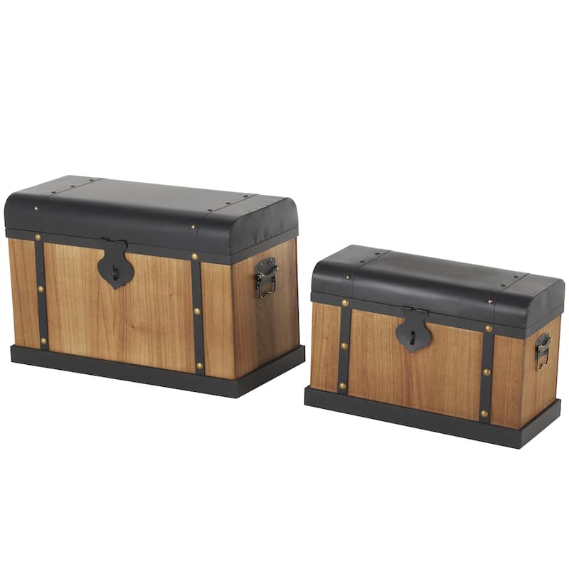 Wooden Storage Decorative Trunk with Black Metal Tops and Gold Studs - Set of 2 Brown - Roche River Decor - Brown