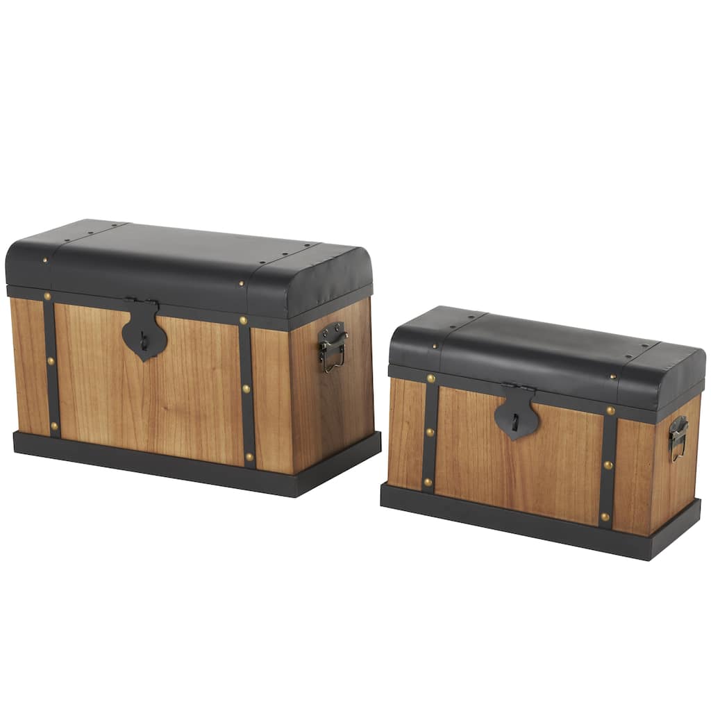 Wooden Storage Decorative Trunk with Black Metal Tops and Gold Studs - Set of 2 Brown - Roche River Decor