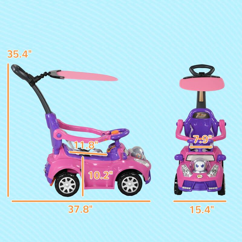 Qaba Push Car for Kids 1-3 Years, 3-in-1 Ride-On Sliding Car with Music, Horn, and Removable Handle