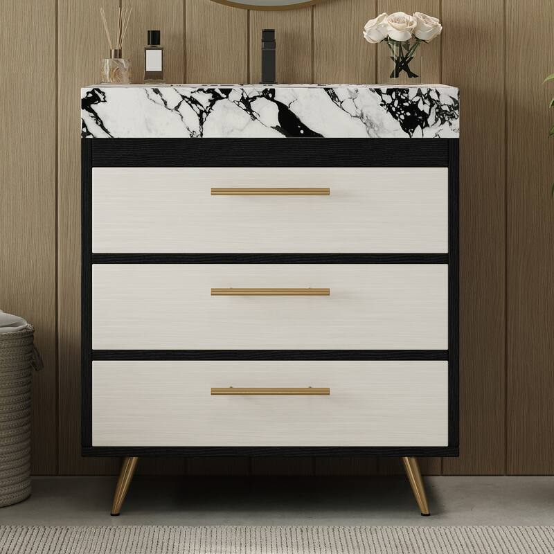 GDFStudio - Athens Modern 29.9" Freestanding Bathroom Vanity with Sintered Stone Top, Ceramic Vessel Sink & Stainless Steel Legs - Black+White Cabinet - White,Black Top