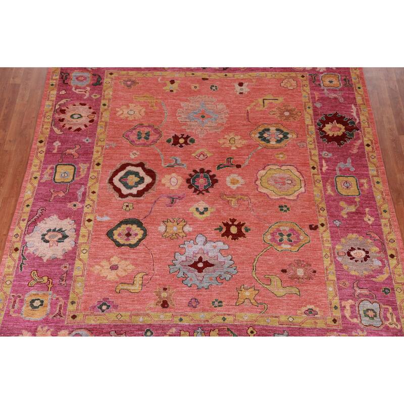 Hand Knotted Oriental 100% Wool Carpet Transitional All-Over Coral Oushak Area Rug - 9' 8'' X 8' 2''