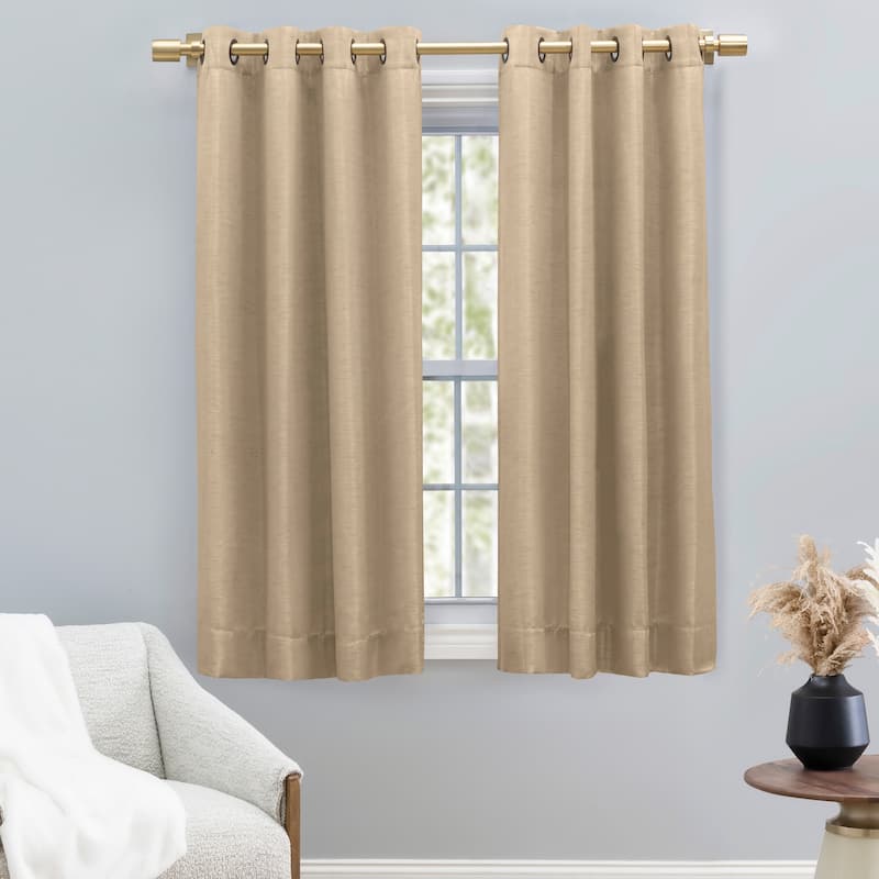 Premium Grasscloth Soft Sheen Grommet Short Curtain Panel w/ Pull Wand - 54"W x 54"L - Linen