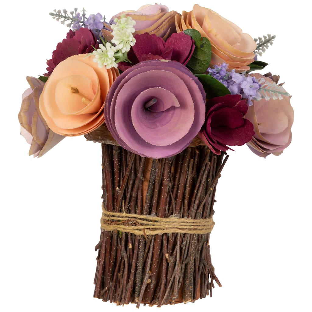 Wooden Floral Artificial Spring Bouquet - 9.5" - Wine Red and Purple