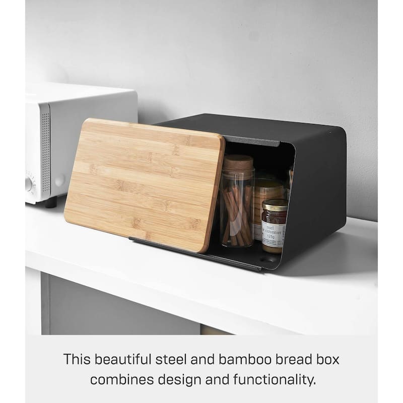 Yamazaki Home Bread Box with Cutting Board Lid, Steel and Wood, Lid - L 9.65 x W 12.4 x H 7.28 inches