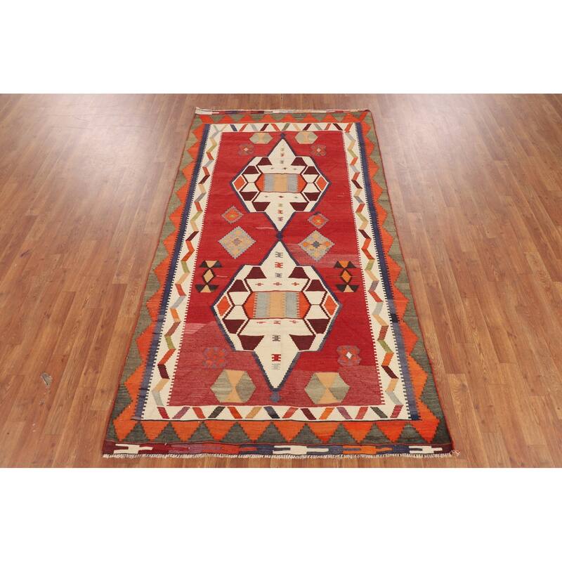 Geometric Kilim Qashqai Persian Vintage Rug Hand-Woven Wool Carpet - 4'5"x 8'1"