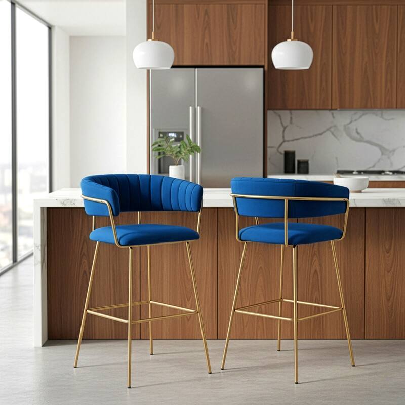 Set of 2 Anya Blue Velvet Barstool with Golden Metal Legs