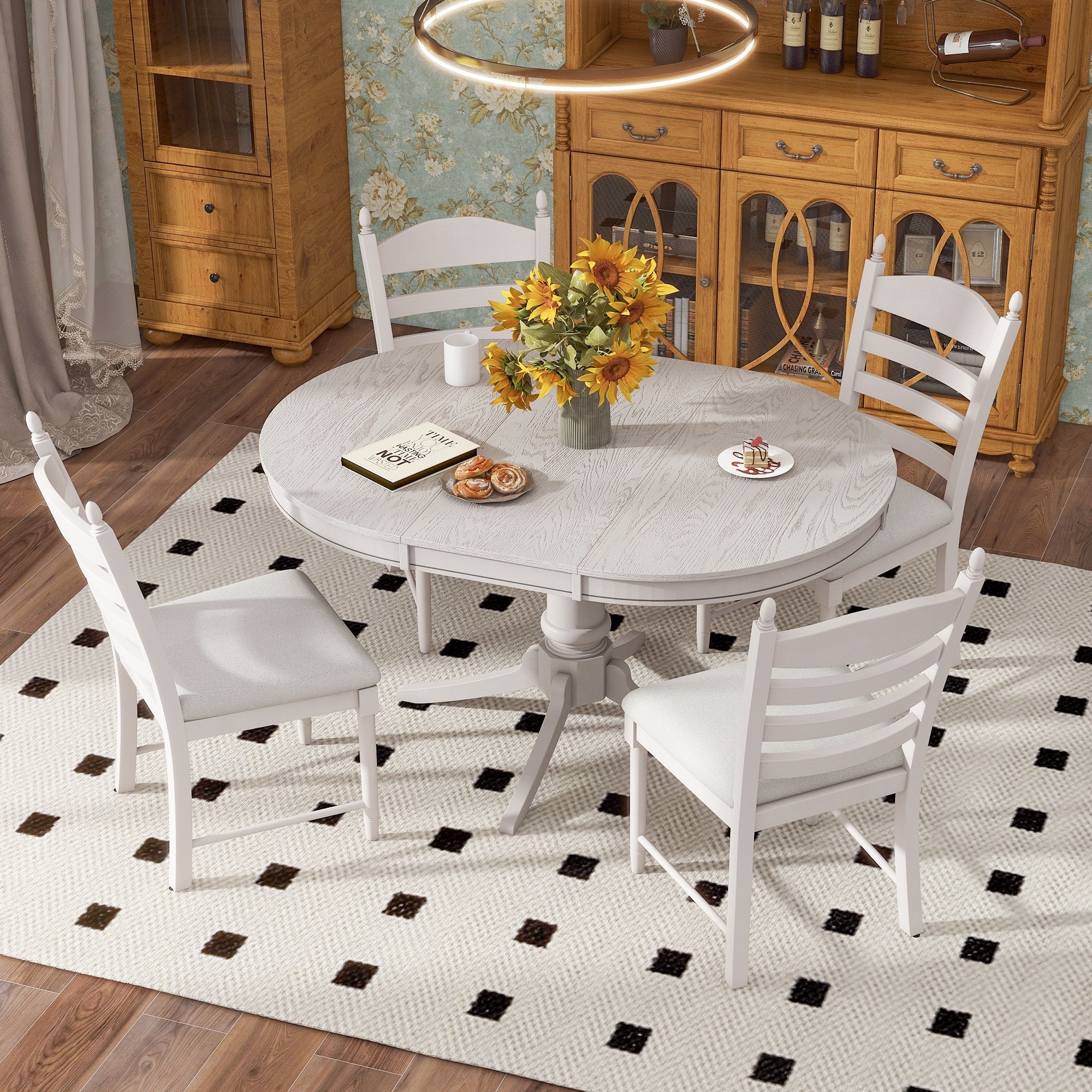 White Dining Table Set with Extendable Dining Table & 4 Upholstered Chairs