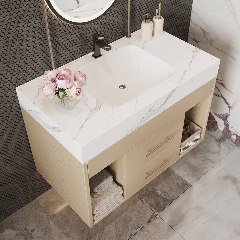 29.9" Modern Floating Bathroom Vanity - Sintered Stone Top with Ceramic Undermount Sink, Wall-Mounted for Small Bathrooms