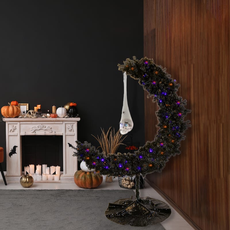 National Tree Company Halloween Pre Lit Artificial Tree Decoration, Black, Moon Shaped, LED Lights, Battery Operated, 6 Feet