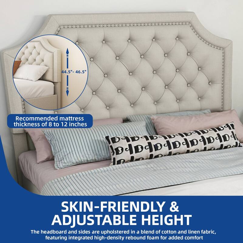 Moasis Linen Upholstered Platform Bed Velvet Bed Frame with Adjustable Headboard