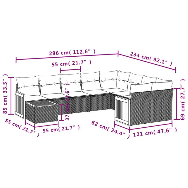 vidaXL Patio Sofa Set with Cushions Outdoor Furniture 10 Piece Poly Rattan - 21.7 x 21.7 x 14.6