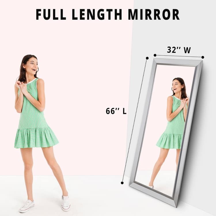 Framed Bevel Leaner Full Length Huge Floor Mirror XL Mirror Large Rectangle Standing Cream Floor Mirror Huge Mirrors for Bedroom - Silver