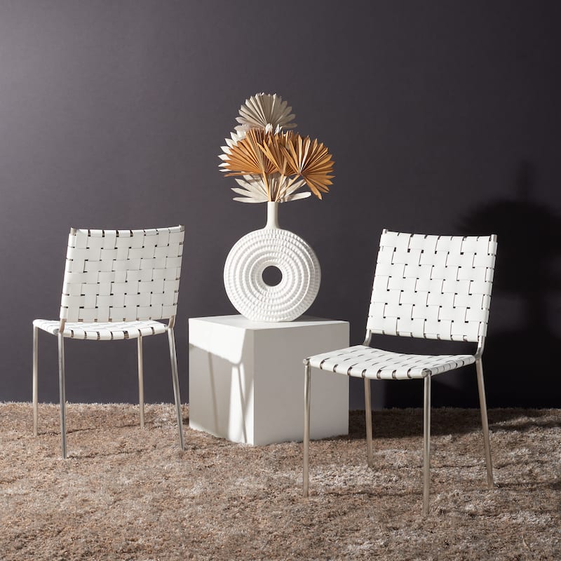 SAFAVIEH Marvel Woven Leather Dining Chair (Set of 2) - 17" W x 20.5" L x 33.8" H - 17"Wx21"Dx34"H - White/Silver
