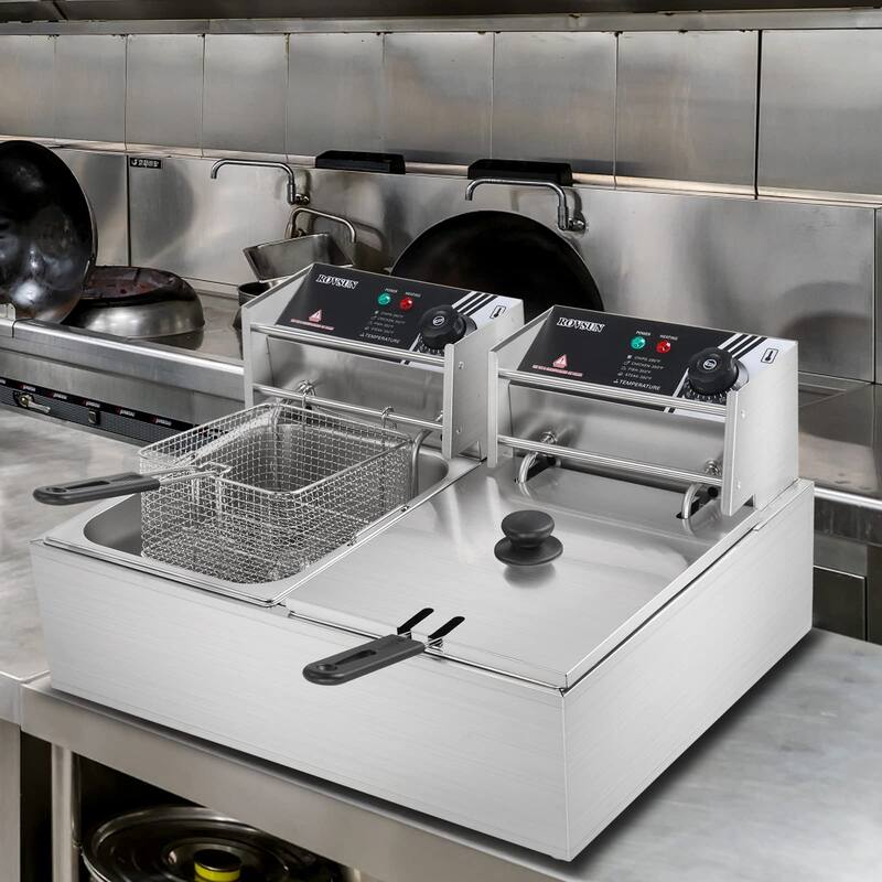 22.8QT/21.6L Electric Deep Fryer w/Baskets & Lids, Stainless Steel Dual Tank Kitchen Fat Fryer