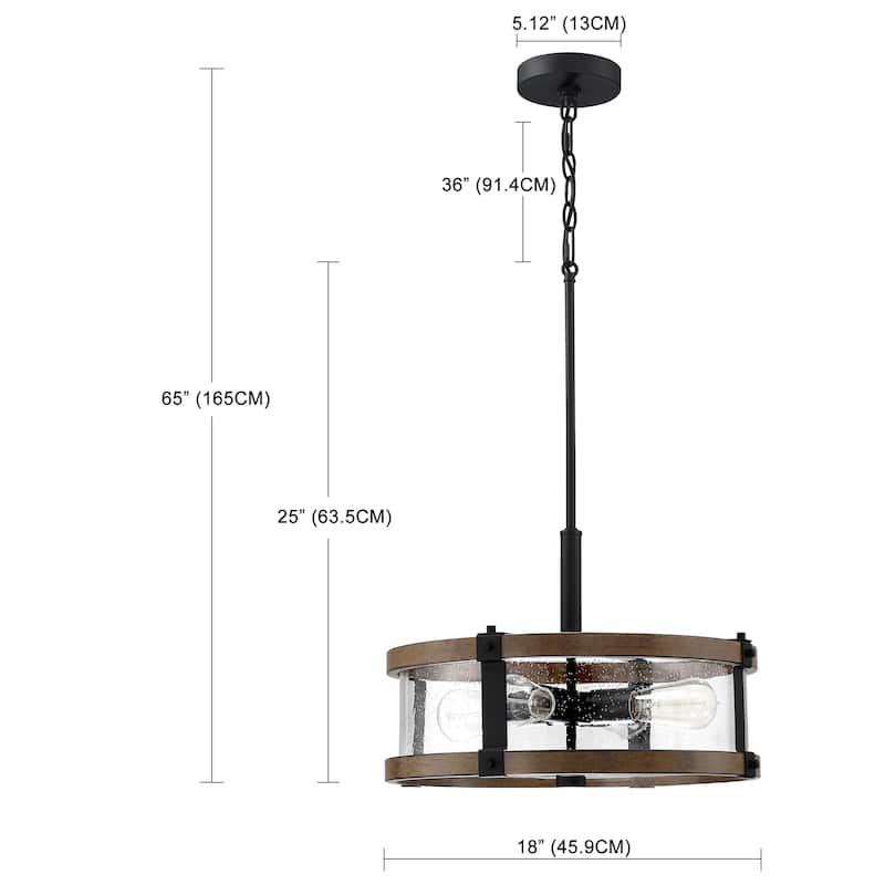 4-Light Distressed Black and Wood Tone Seeded Glass Drum Pendant - 18" x 65" x 18"