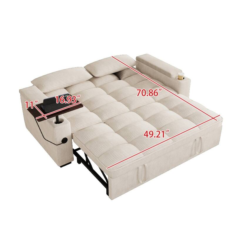 65'' Chenille 3-in-1 Folding Sectional Sofa with 360-Degree Swivel Side Table