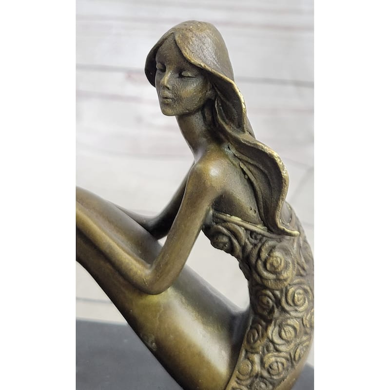 Young Woman In Floral Skirt Mermaid Effect Bronze Statue Sculpture Figure On Marble Base