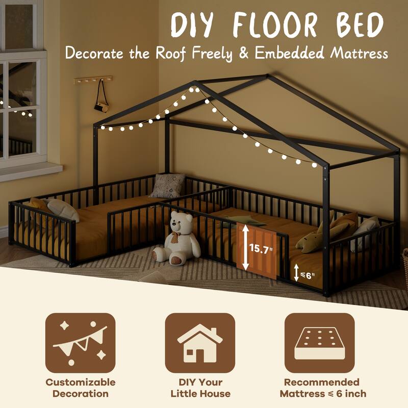 Double Twin Size L-Shaped Montessori Metal House Bed by Harper&Bright Designs