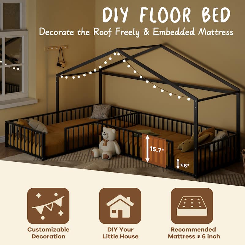 Twin Size L-shaped Corner Montessori Bed with Fence, Metal House-shaped Bed Frame, Without Slats, Floor House Bed for 2 Kids