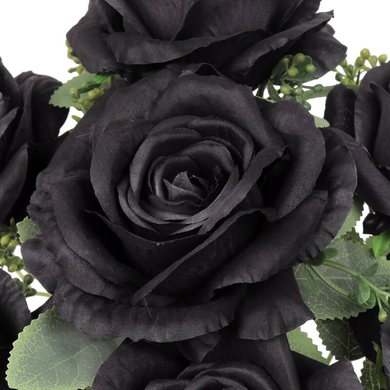 Set of 2 Deluxe Black Artificial Elegant Rose Flower Stem Bush Bouquet 17in - 17" L x 10" W x 10" DP