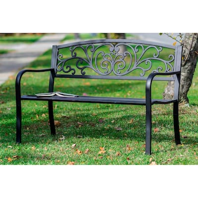 Garden Bench Black Scroll Backrest 50 Inch Long