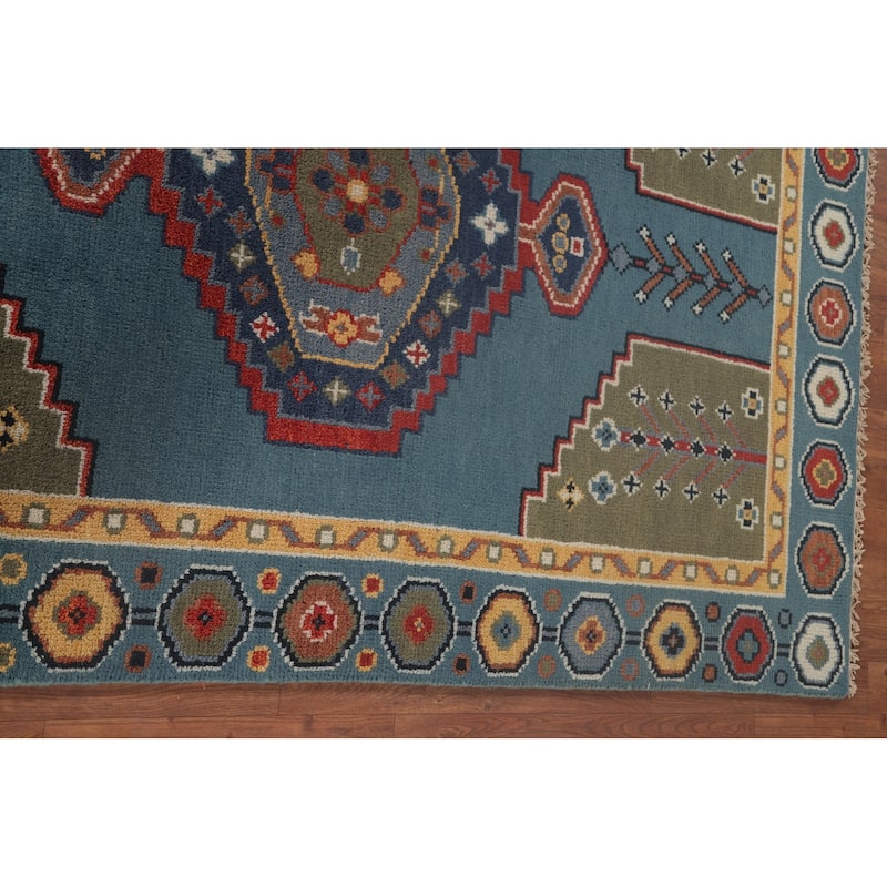 Blue Geometric Kazak Accent Rug Handmade Oriental Wool Carpet - 3'11"x 6'0"