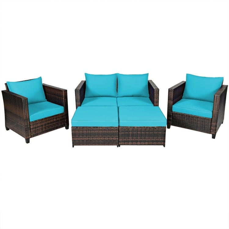 5 Pieces Patio Cushioned Rattan Furniture Set - 50" x 30.5" x 29" (L x W x H)