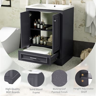 Blue Gray Bathroom Vanity with Ceramic Sink Combo, Floor standing Bathroom Storage Cabinet with Drawer & Soft Closing Doors, 24"