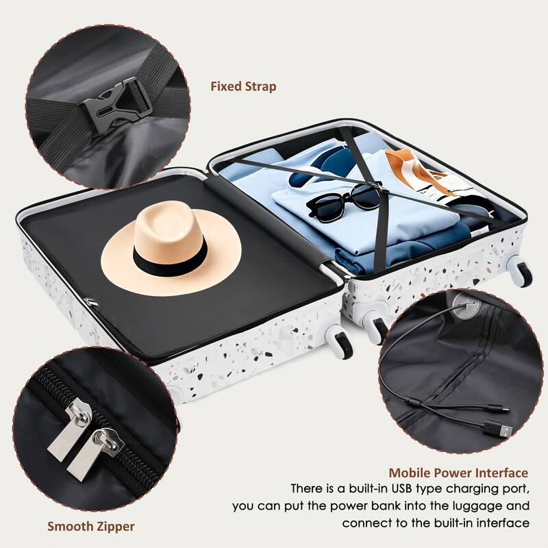 Fashion Luggage Hardshell Luggage with Travel Bag USB Port and Side Hooks, for Boarding Travel, 5 Piece Set