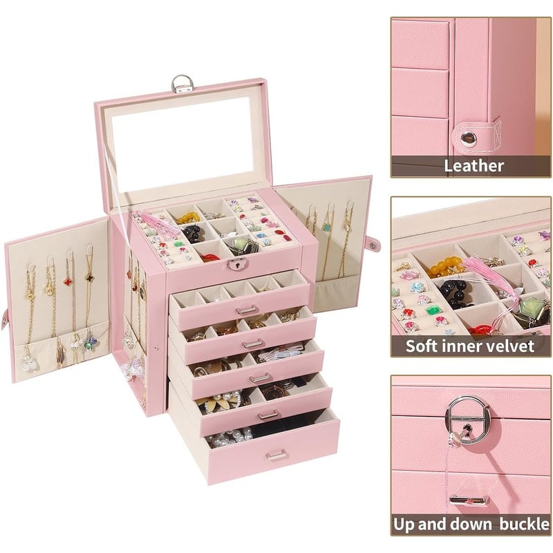 6 Layer Large Jewelry Organizer With Mirror - 6.6"D x 10.6"W x 11"H