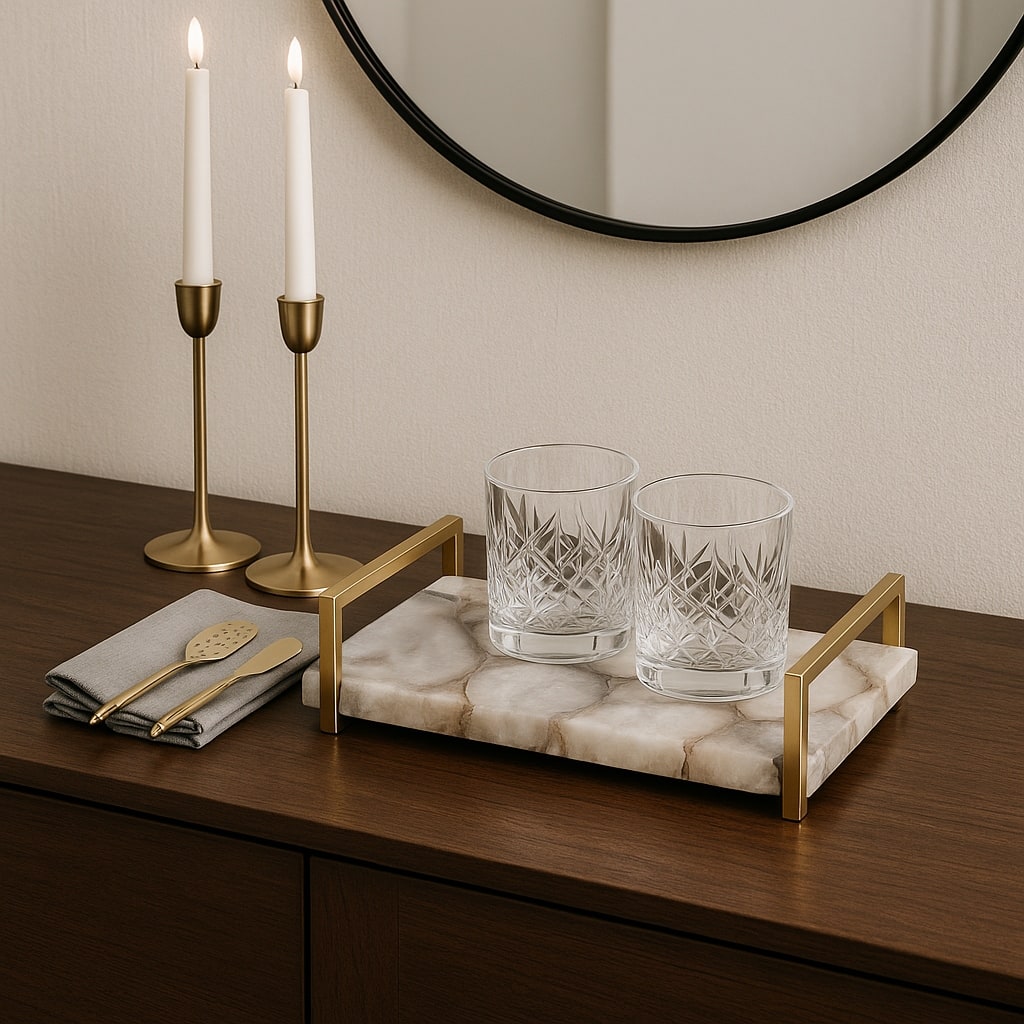 Rectangle Agate Tray with Metal Handles -Home Decor - 14", Ivory & Tan - 14.0"