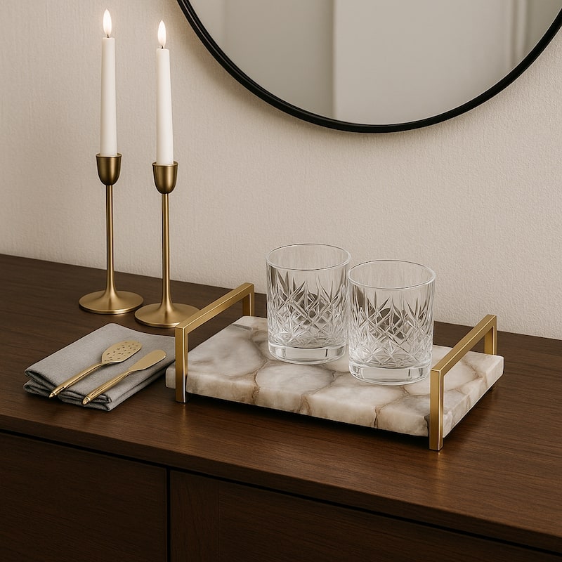 Rectangle Agate Tray with Metal Handles -Home Decor - 14", Ivory & Tan - 14.0" - Ivory/ Tan - 14.0"