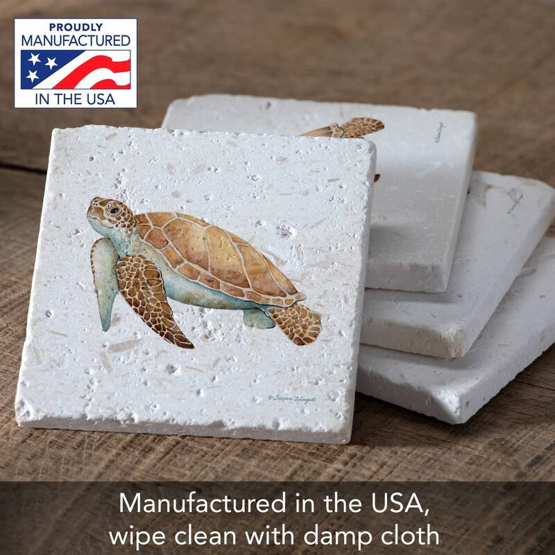 Sea Turtle 4 Pack Natural Shell Stone Absorbent Coasters with Protective Cork Backing Manufactured in The USA