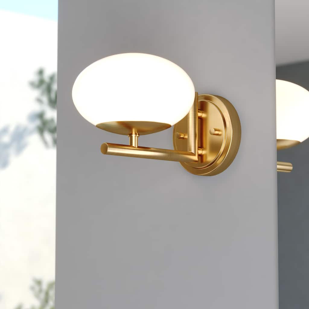 Sloane Satin Brass Gold Bathroom Vanity Lighting Fixture, White Frosted Opal Globe Shade, LED Reversible Wall Mount