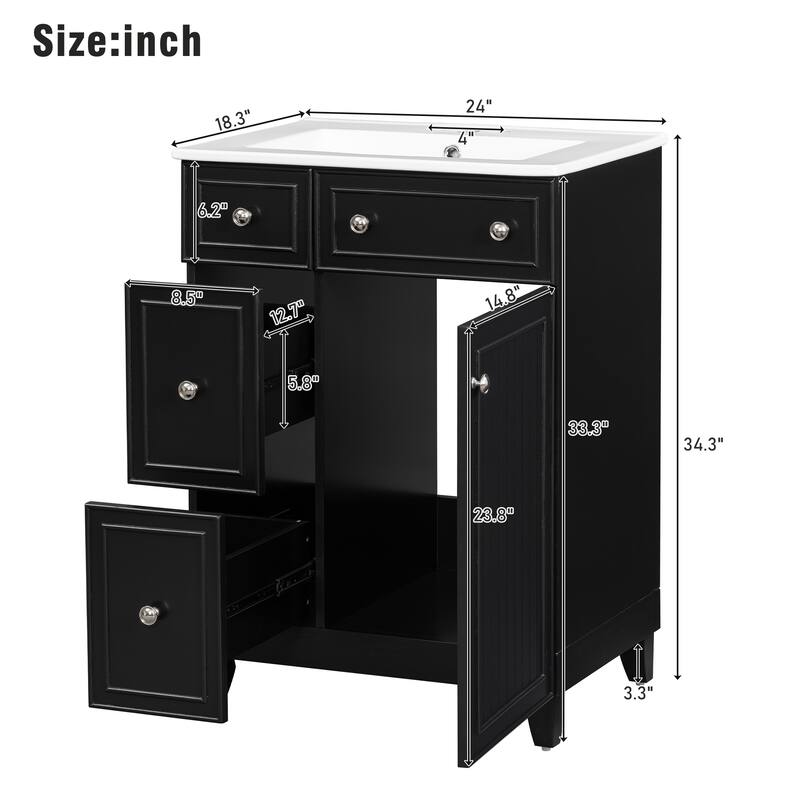 24" Bathroom Vanity Cabinet with Ceramic Sink & 2 Drawers, Bathroom Storage Cabinet Free-standing Single Sink Cabinet, Black