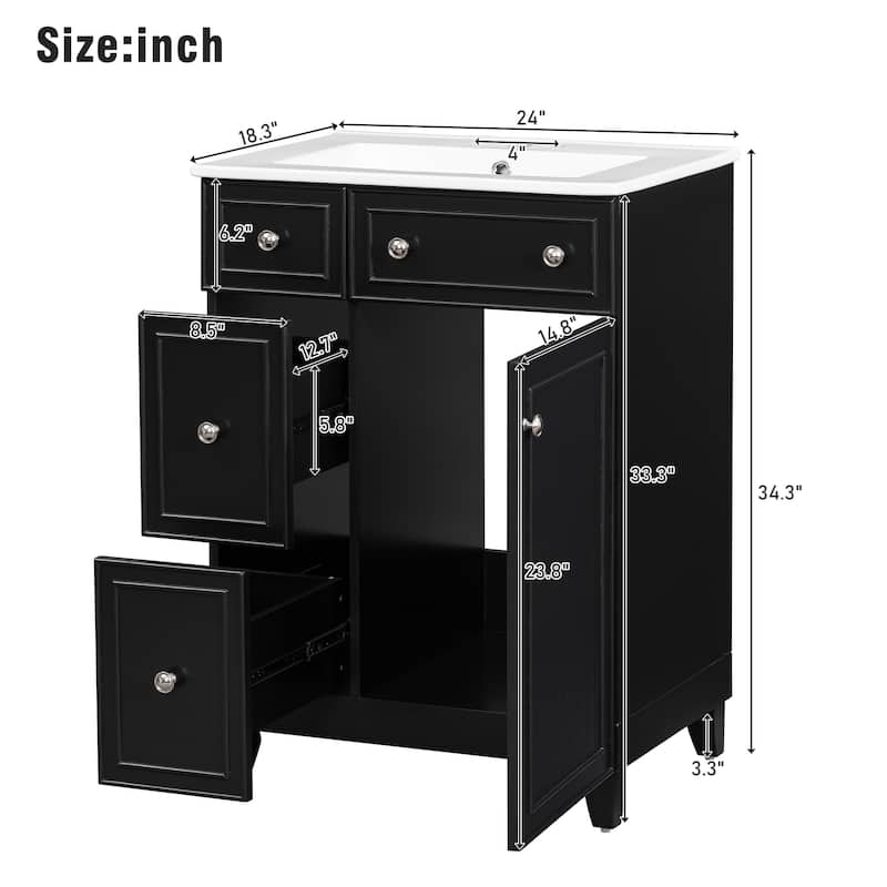 24'' Bathroom Vanity with Ceramic Sink Top, Freestanding Bathroom Vanity Cabinet with 2 Drawers and 1 Soft Close Door