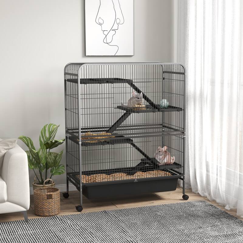 PawHut 53.5" Small Animal Cage, 5-Level Metal Ferret or Bunny Cage with Wheels, Chinchilla Cage with Removable Tray