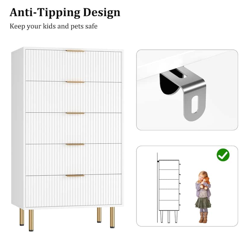 5 Drawer Fluted Dresser for Bedroom, Modern Wooden Storage Chest with Gold Handles