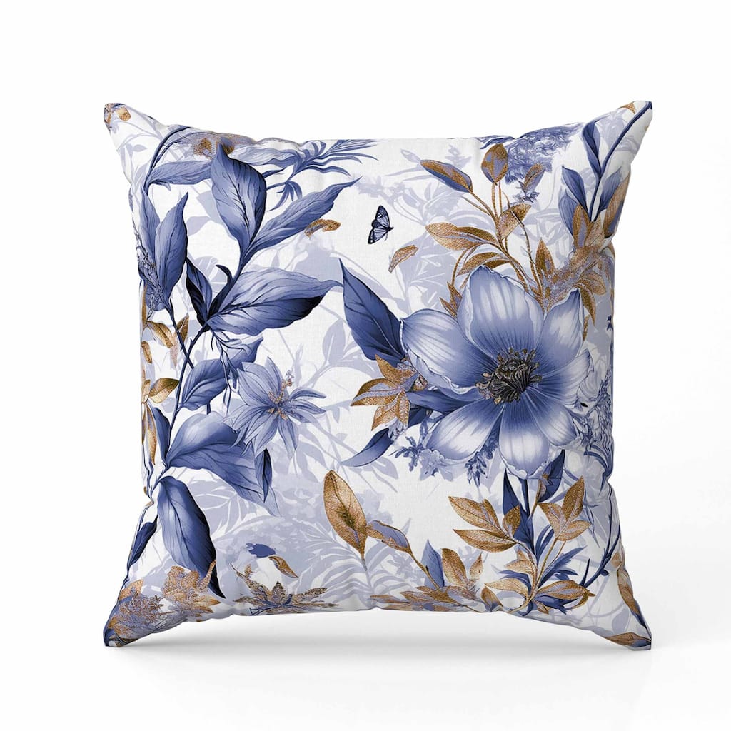 Exquisite Floral Breeze Indoor/Outdoor Reversible Throw Pillow Blue and Gold