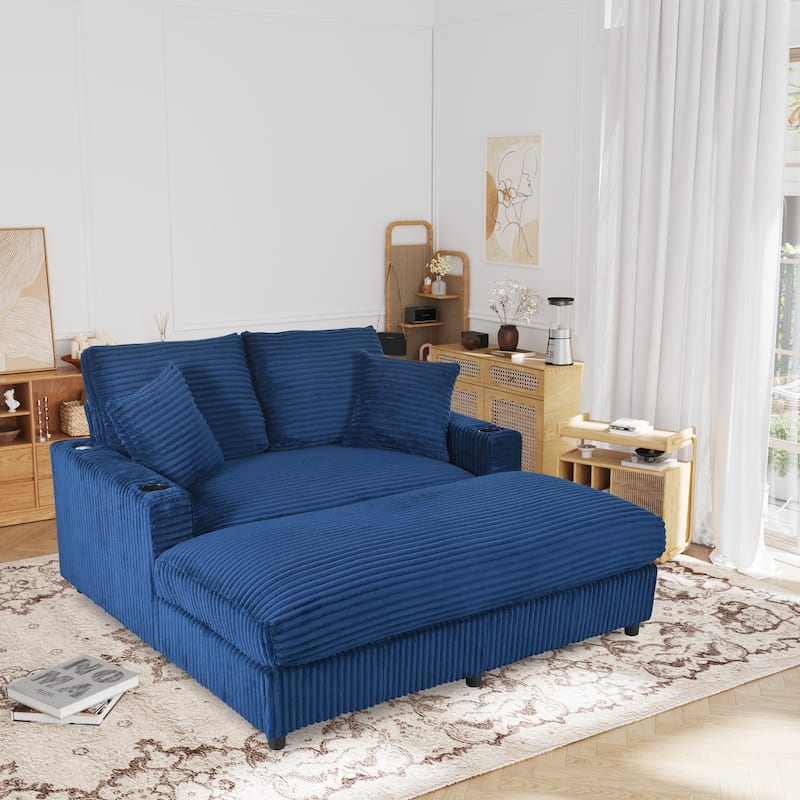 GDFStudio - Polyester 50.9" Loveseat Chaise with Cup Holders - Blue