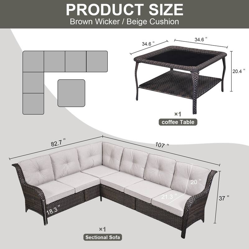 Gymojoy 6-seats L-Shaped Outdoor Corner Sectional Sofa Couch Conversation Set