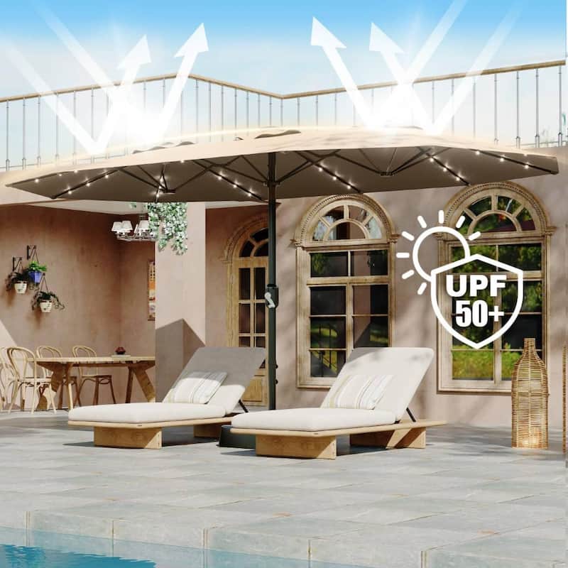 15FT Double-Sided Patio Umbrella with with LED and Base Included for Pool Lawn Garden