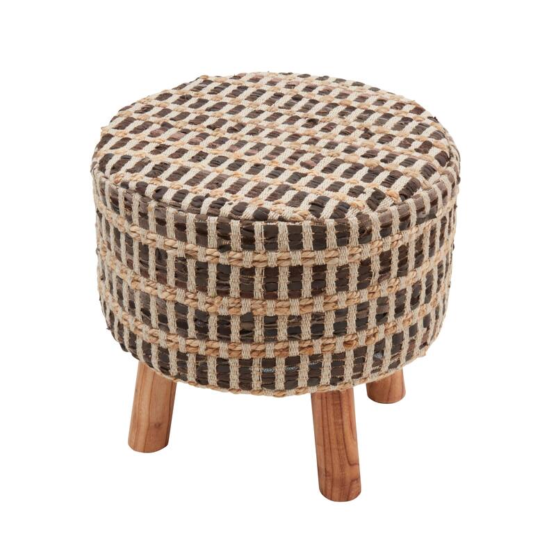 Rustic Elegance Leather and Jute Woven Stool - 16"x16"x16"